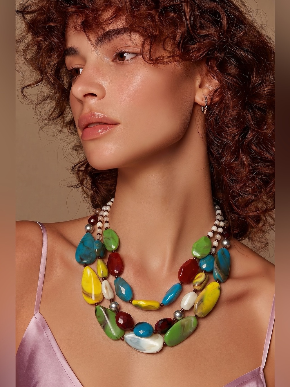 Boho MultiColor Beaded Tri Strand Statement Necklace 3” Adjustable 21”TL